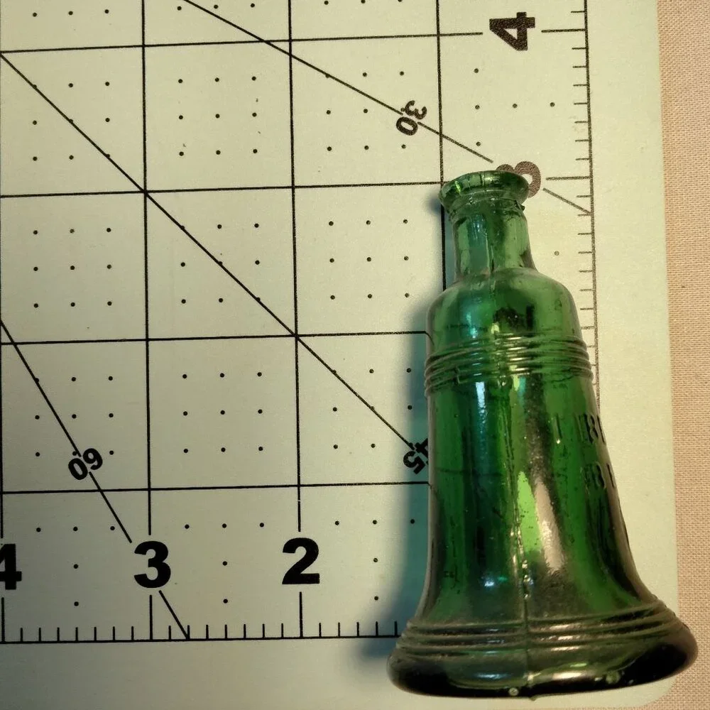 Green Glass Liberty Bell Bottle Miniature 3 Inch